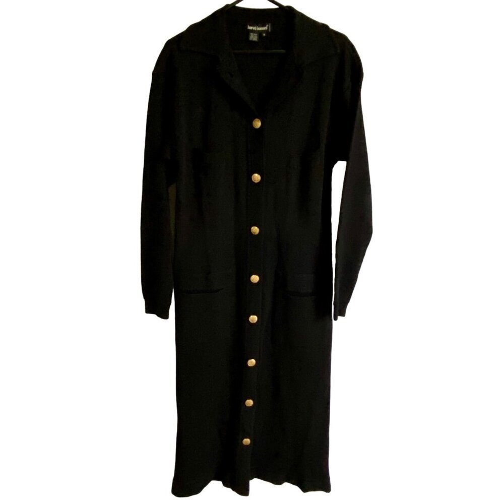 Harvé Benard Black Wool Long Cardigan Coat With Gold Buttons Women's Small